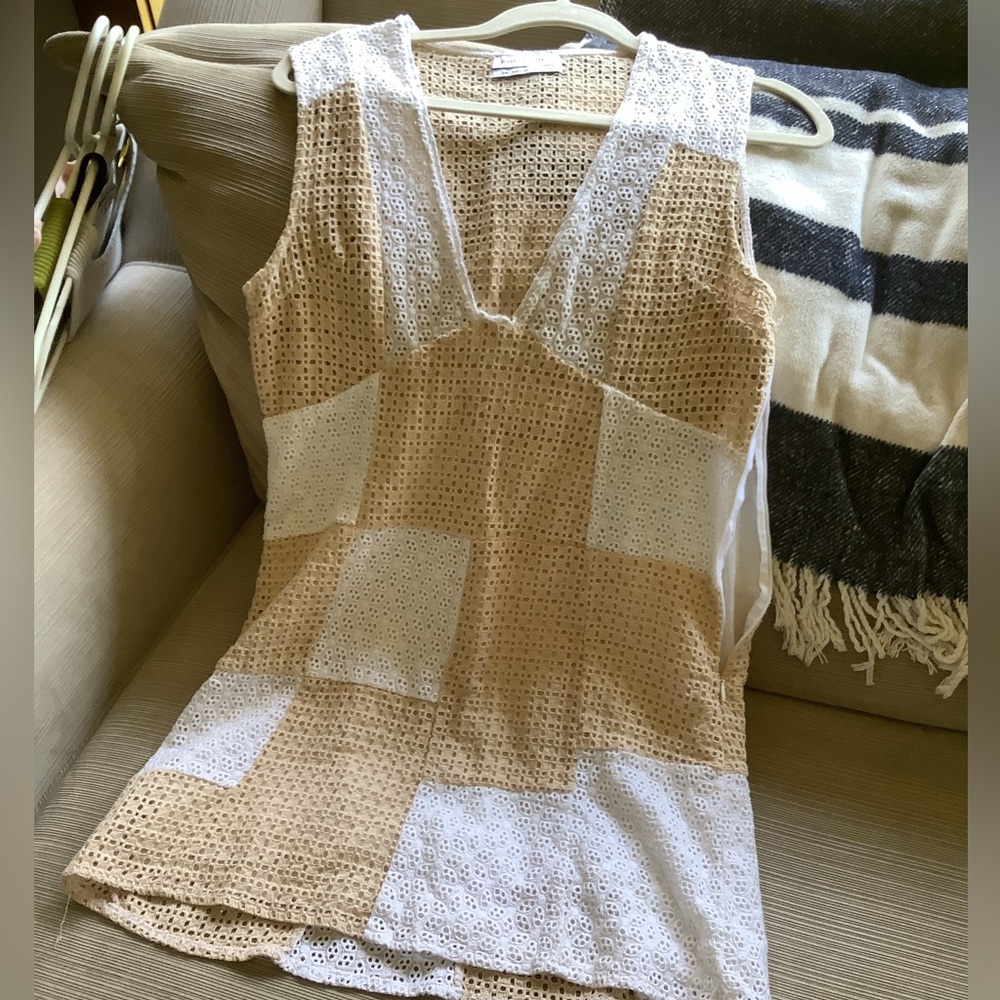 Urban Outfitters Kay Cream Tan Patchwork 70s Eyelet Shift Mini Dress